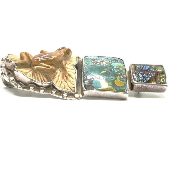 Vintage Amy Kahn Russell Carved Frog Brooch-Pendant Combo w/Turquoise & Glass - Picture 12 of 15